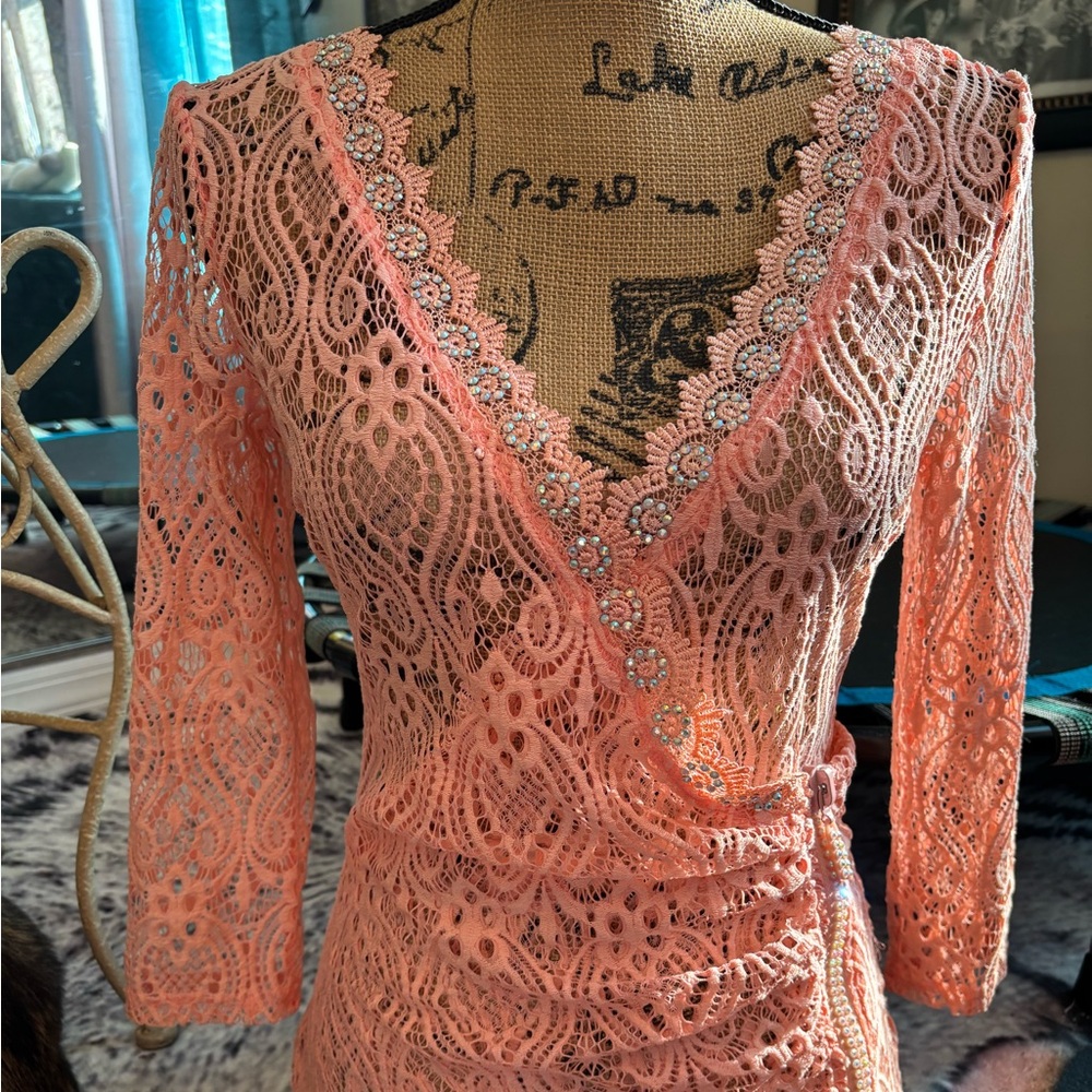 Pastels Peach Crochet Lace V-Neck Wrap Top